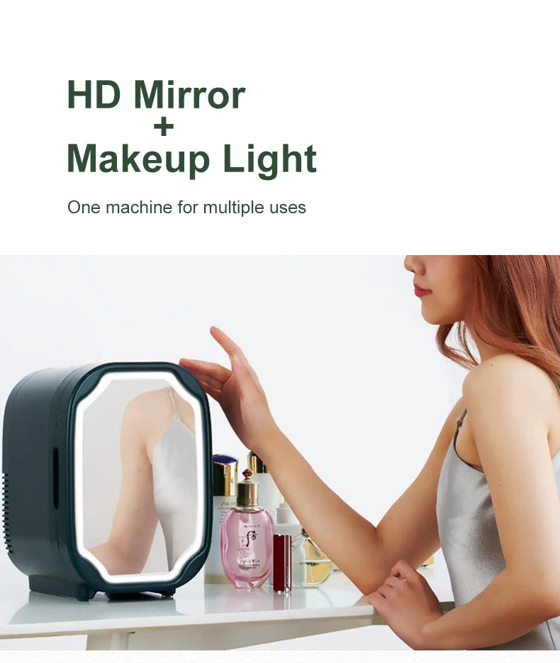 Portable Mini Skincare Fridge with LED Mirror for Home and Travel
