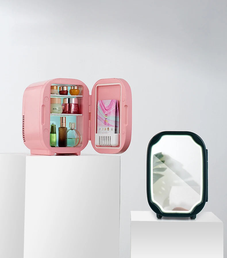 Portable Mini Skincare Fridge with LED Mirror for Home and Travel