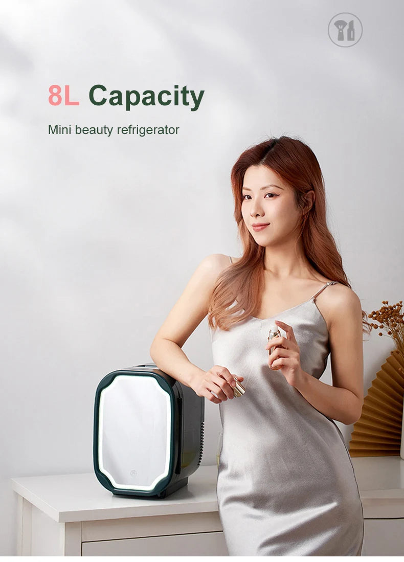 Portable Mini Skincare Fridge with LED Mirror for Home and Travel