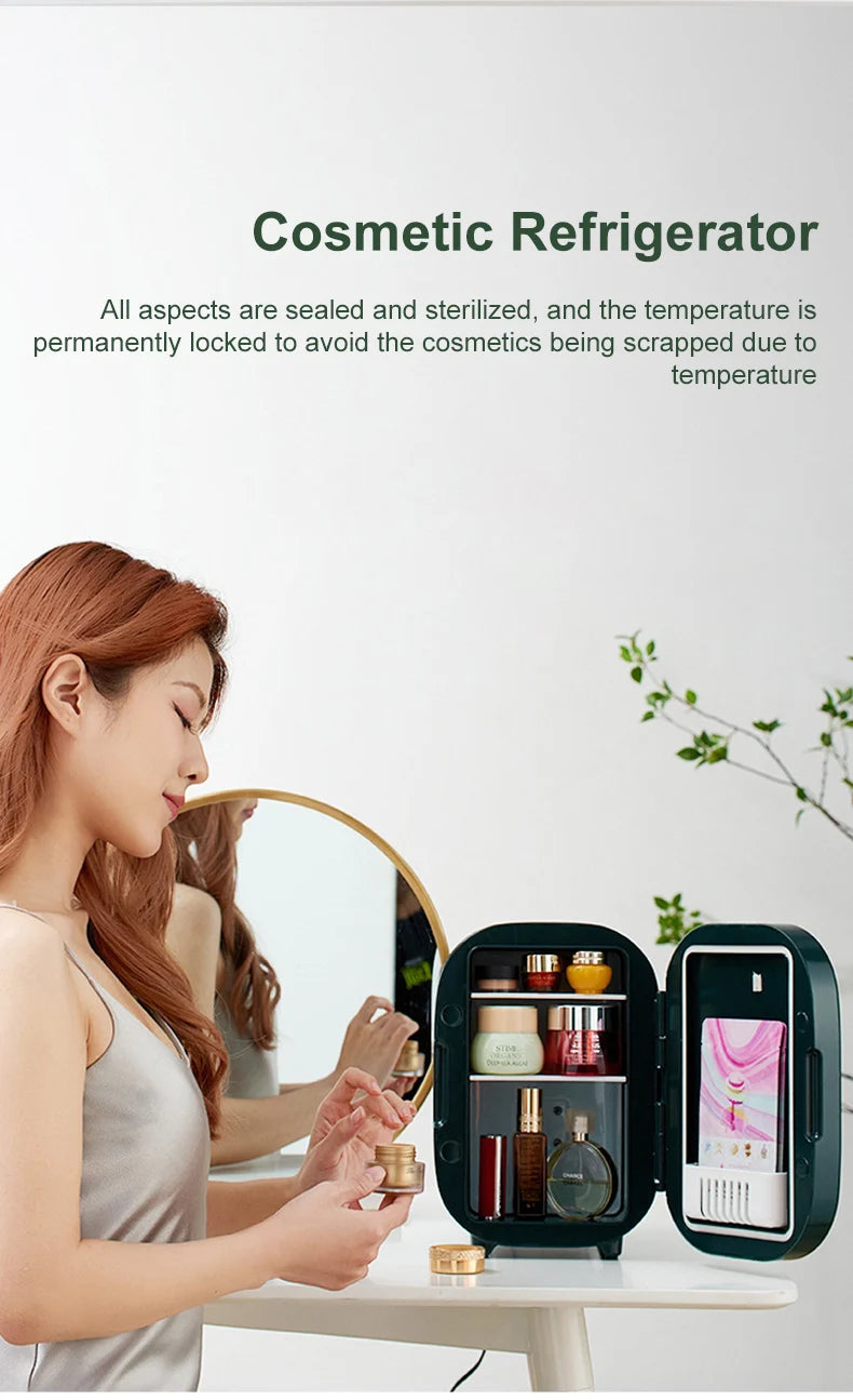 Portable Mini Skincare Fridge with LED Mirror for Home and Travel