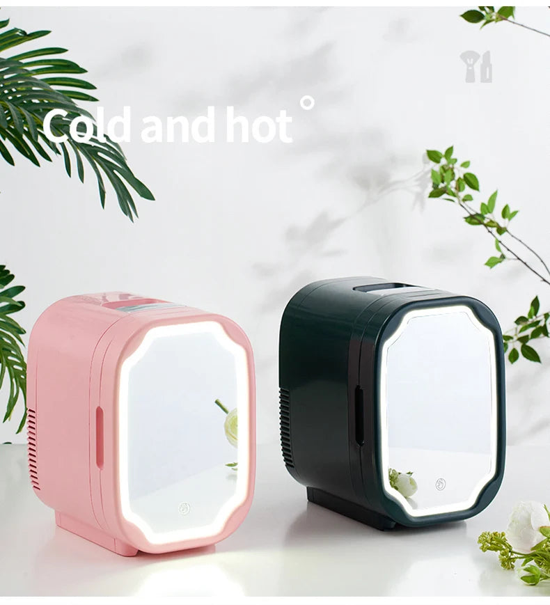 Portable Mini Skincare Fridge with LED Mirror for Home and Travel