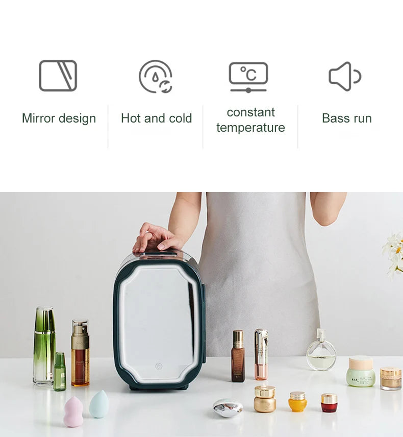 Portable Mini Skincare Fridge with LED Mirror for Home and Travel