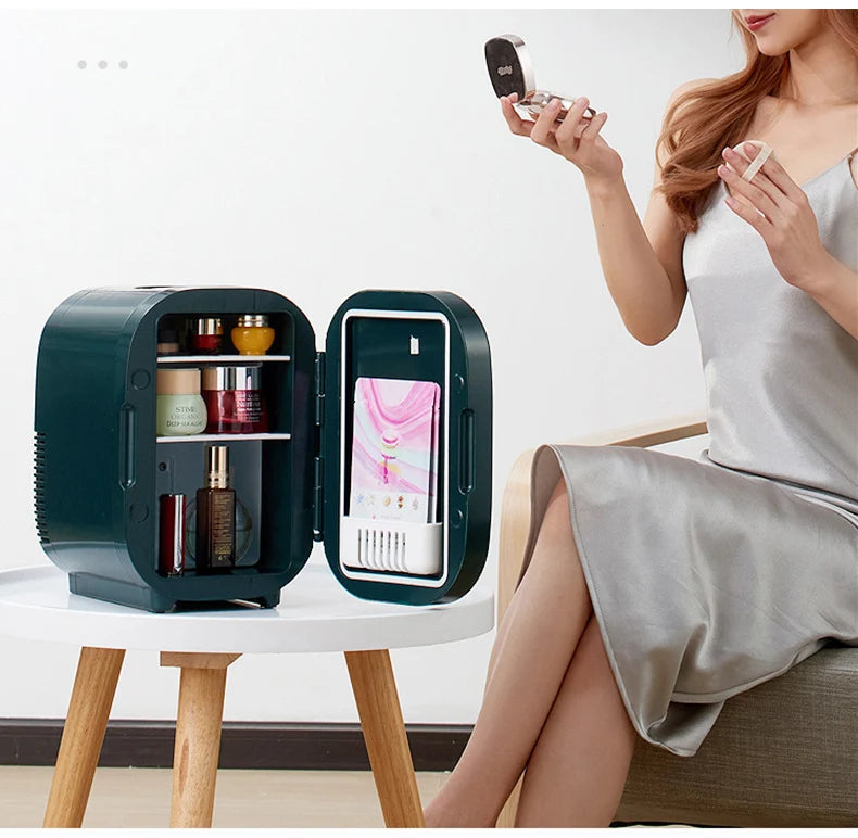 Portable Mini Skincare Fridge with LED Mirror for Home and Travel