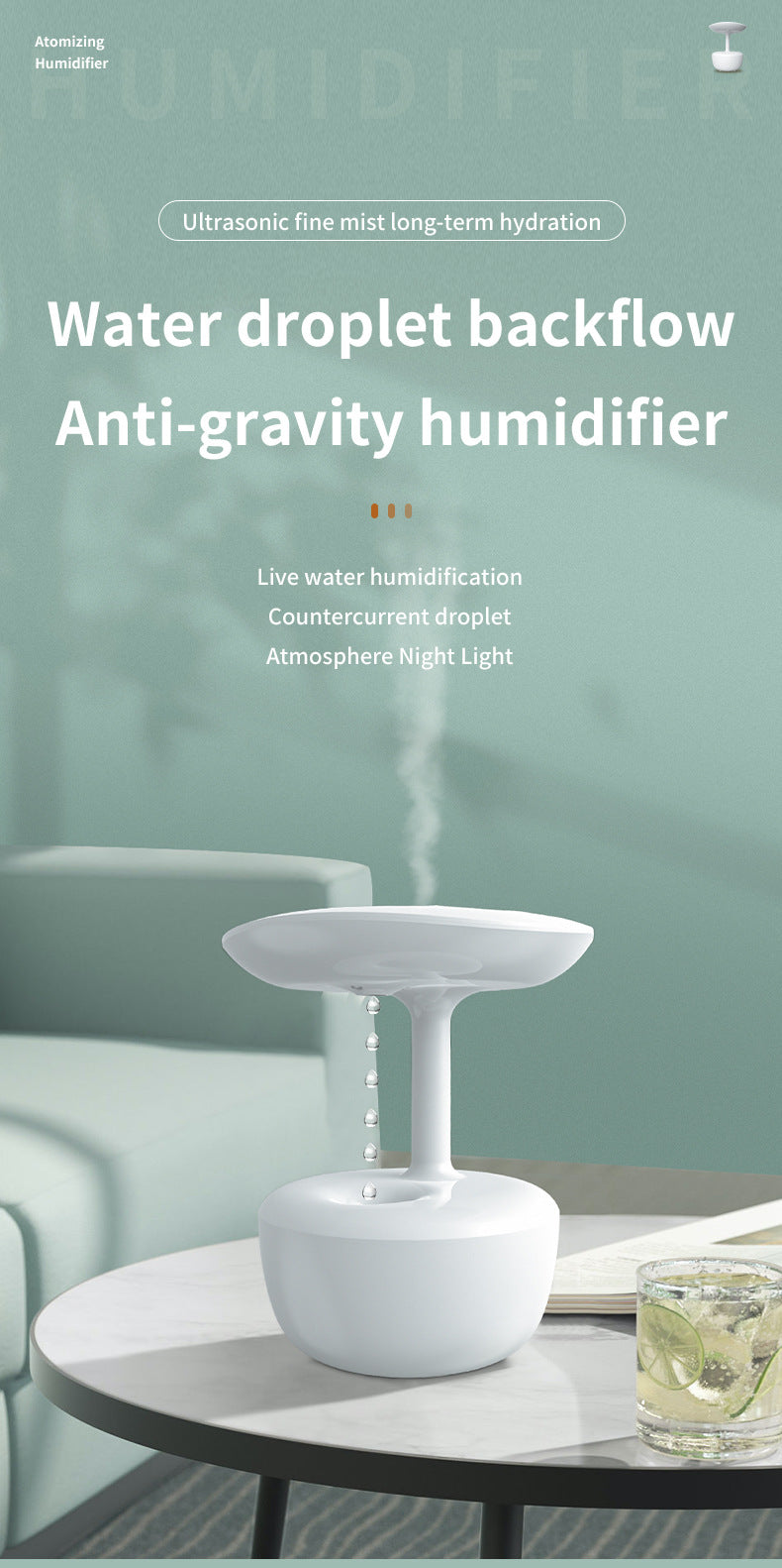 Anti-Gravity LED Water Drop Humidifier