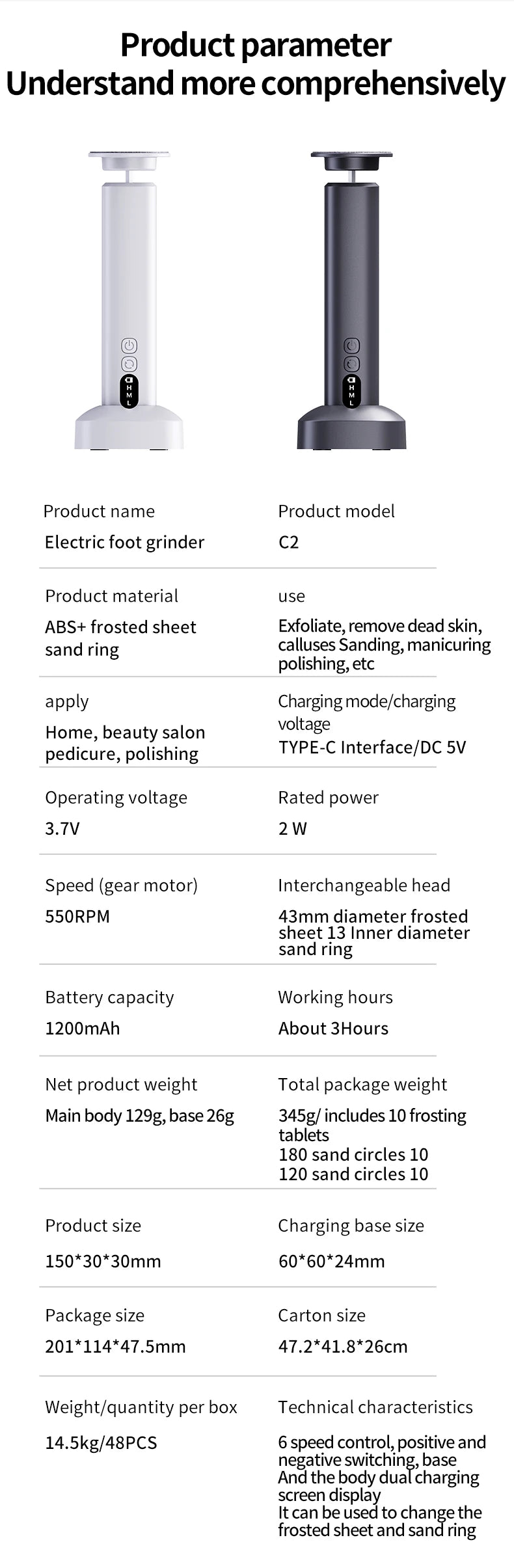 Electric Cordless Foot Callus Remover with 6 Speed Settings