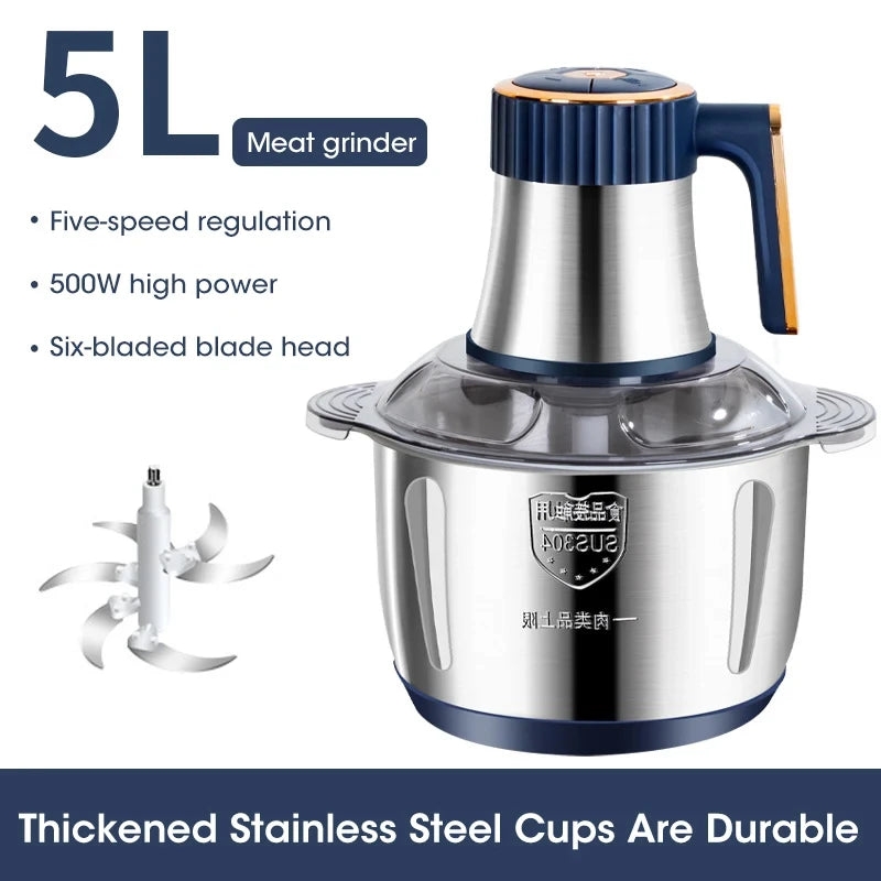 5L Electric Stainless Steel Food Processor and Meat Grinder
