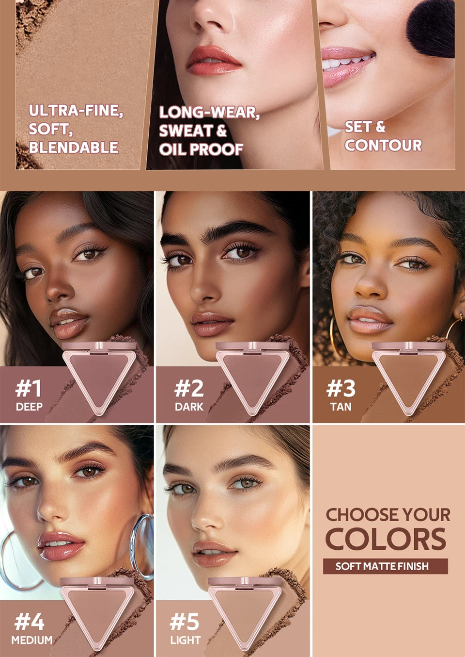 Matte Bronzer Powder for Long-Lasting Smooth Face Makeup