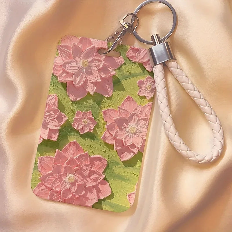 Floral Pattern ID Card Holder with Keychain