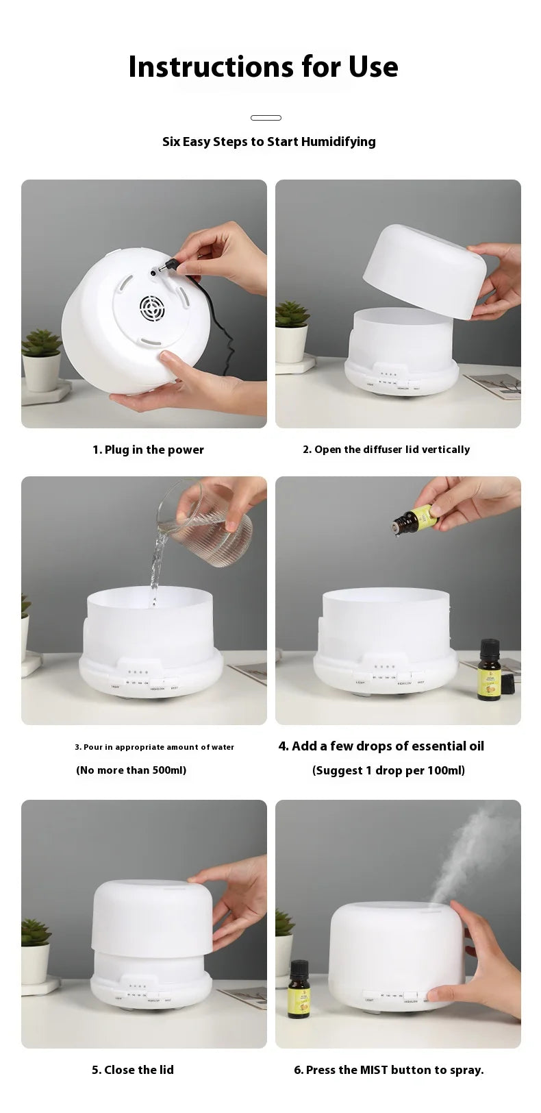 500ml Aromatherapy Essential Oil Diffuser with LED Night Light