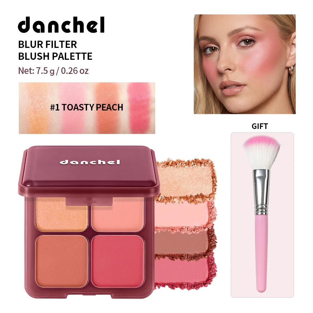 4-Color Matte Pigmented Blush Palette with Makeup Brush