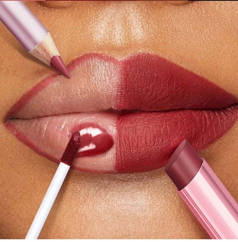 3-in-1 Waterproof Lip Liner, Lipstick, and Gloss Makeup Kit