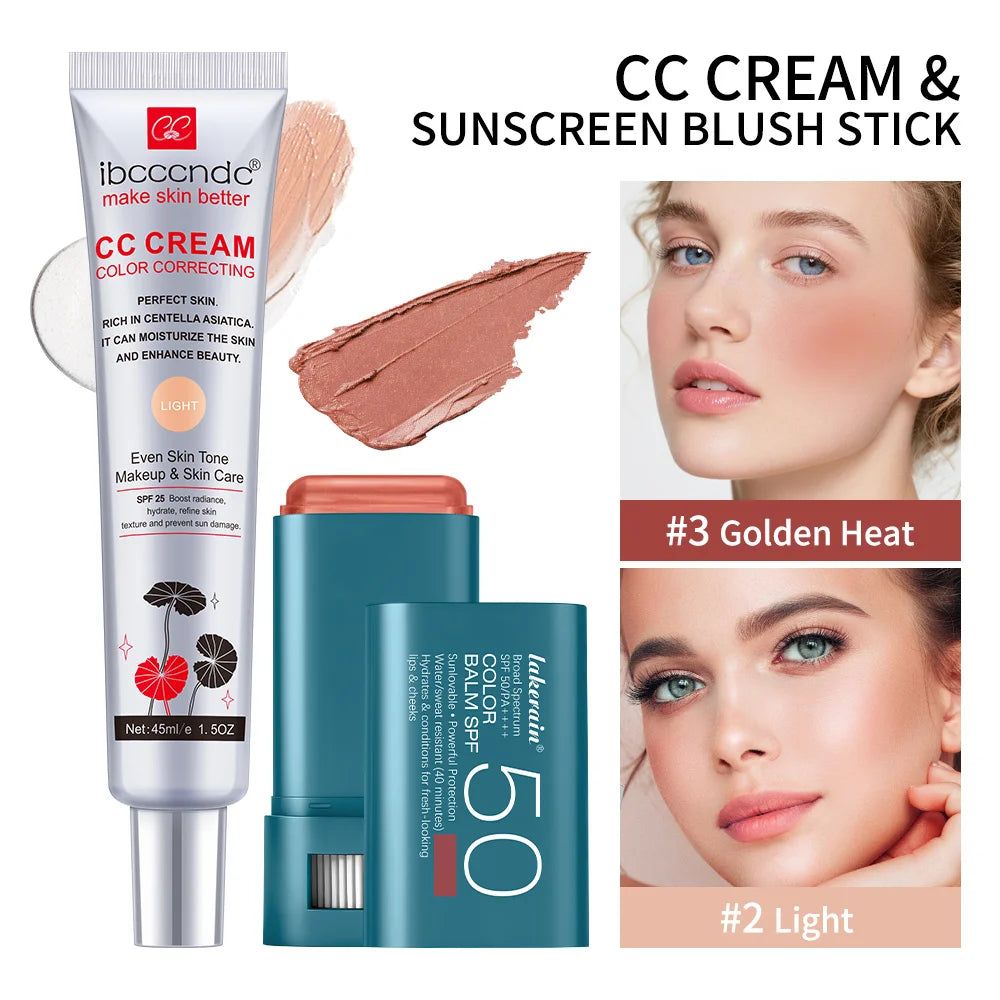 Color Correcting CC Cream and Sunscreen Blush Stick Set - 38