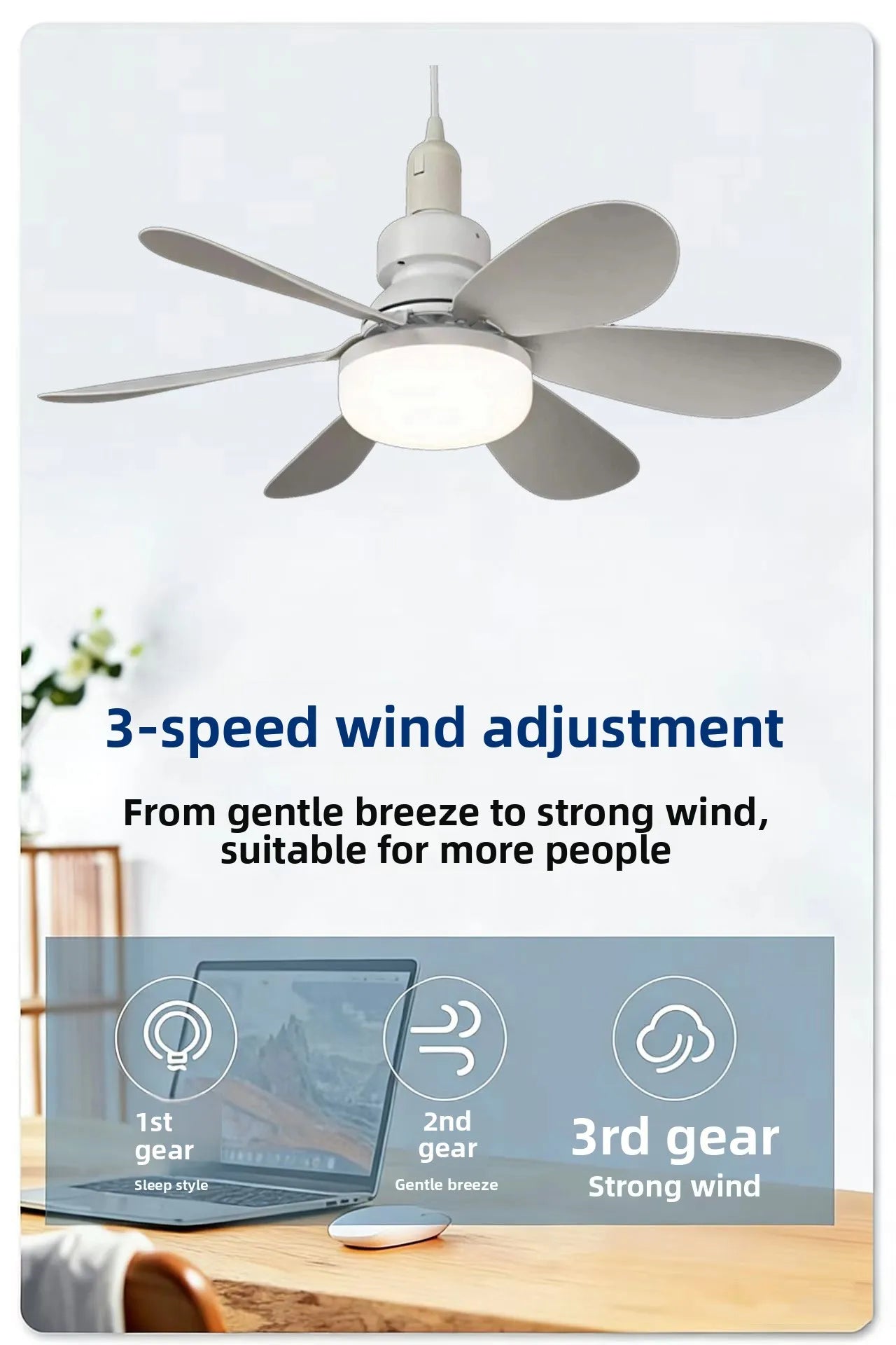 Socket Ceiling Fan with LED Light and Remote Control - 9