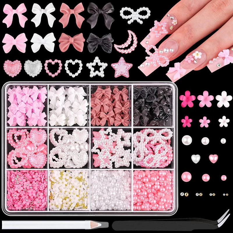 3D Nail Art Decoration Set with Bows, Flowers, and Pearls