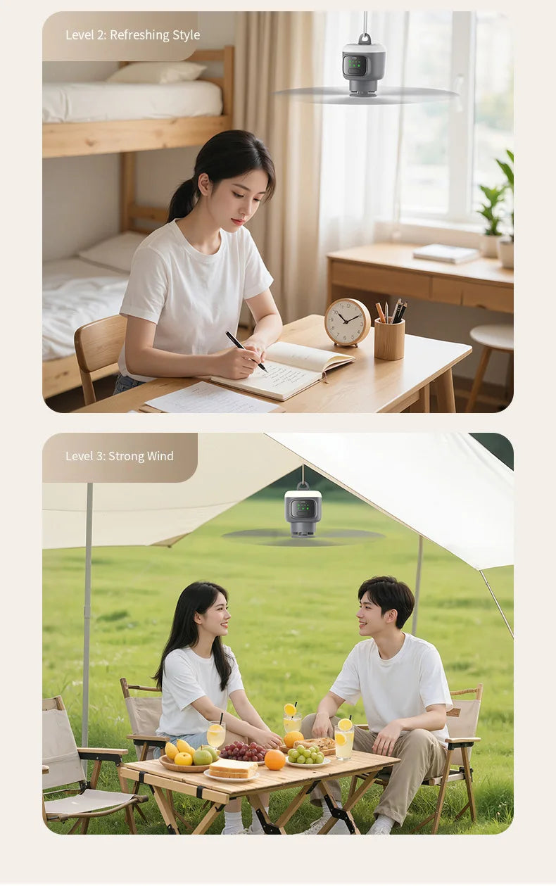 Portable Rechargeable Ceiling Fan with LED Light for Camping