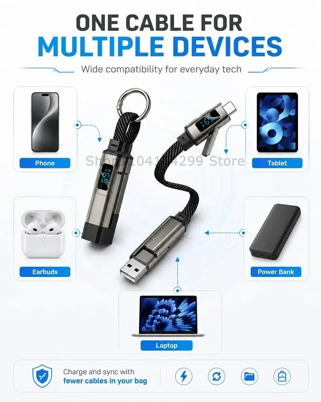 4-in-1 Fast Charging Keychain Cable with Digital Display - 11