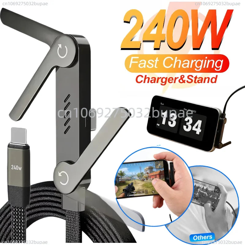240W Fast Charging Cable with Integrated Phone Stand - 1