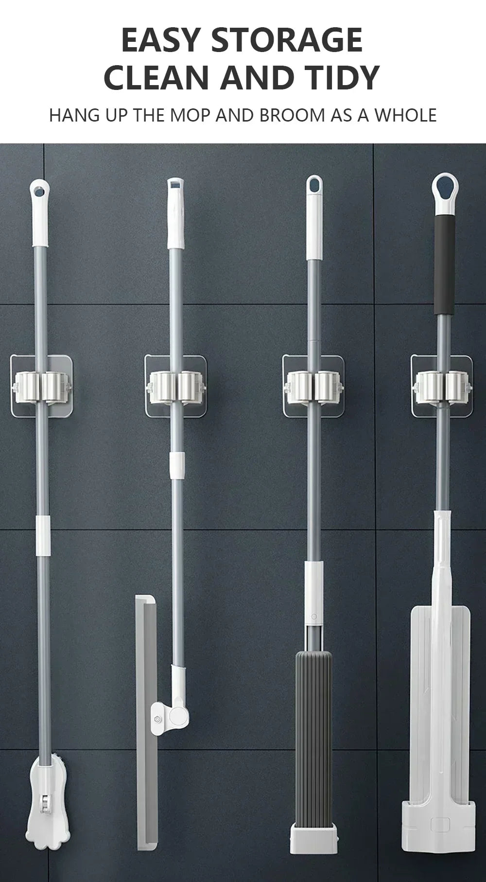 Wall Mounted Adhesive Mop and Broom Organizer Holder