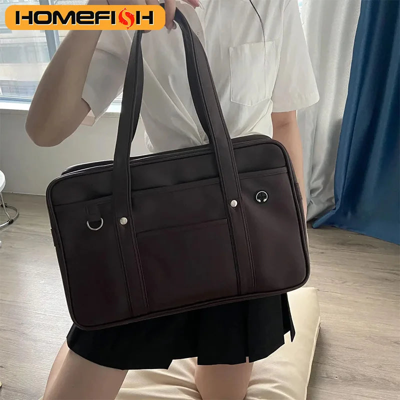 Japanese Style PU Leather Student Tote Bag for School and Daily Use - 1