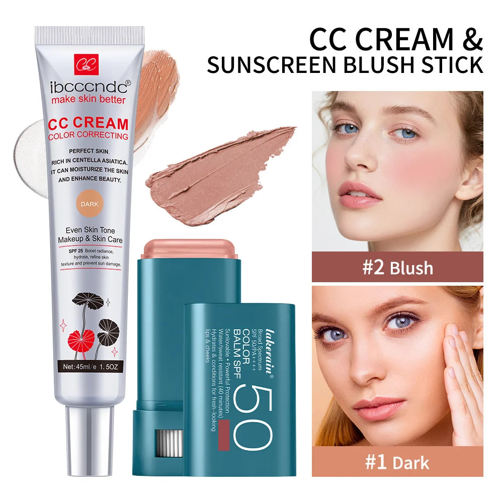 Color Correcting CC Cream and Sunscreen Blush Stick Set - 34
