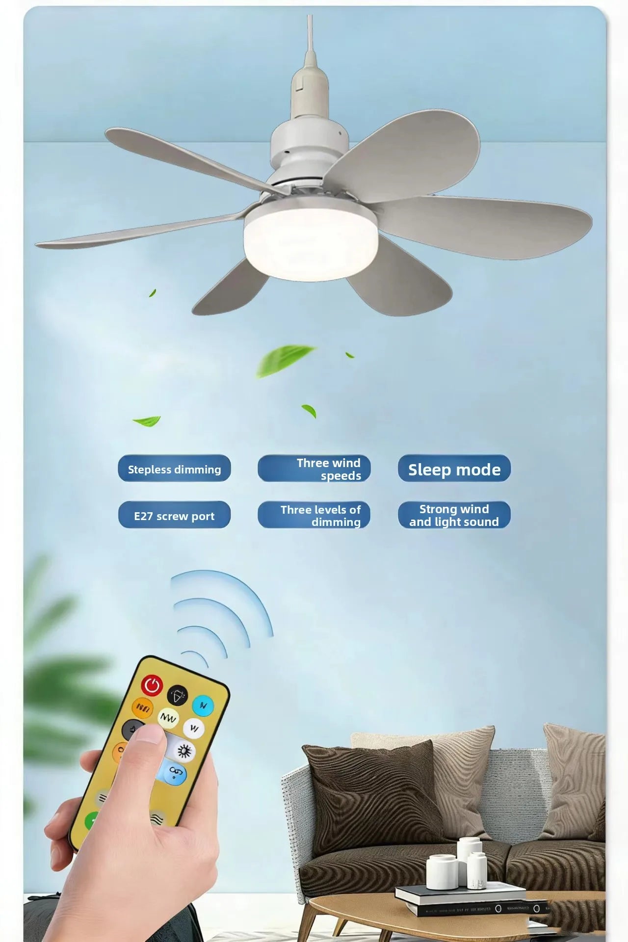 Socket Ceiling Fan with LED Light and Remote Control - 8