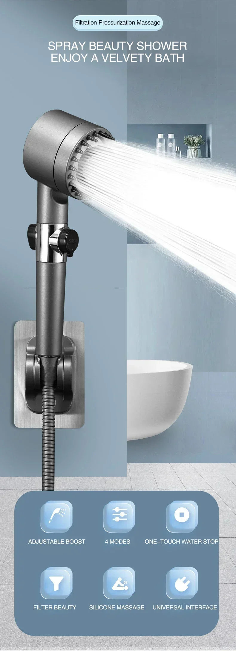 High-Pressure Adjustable Shower Head with Massage Brush