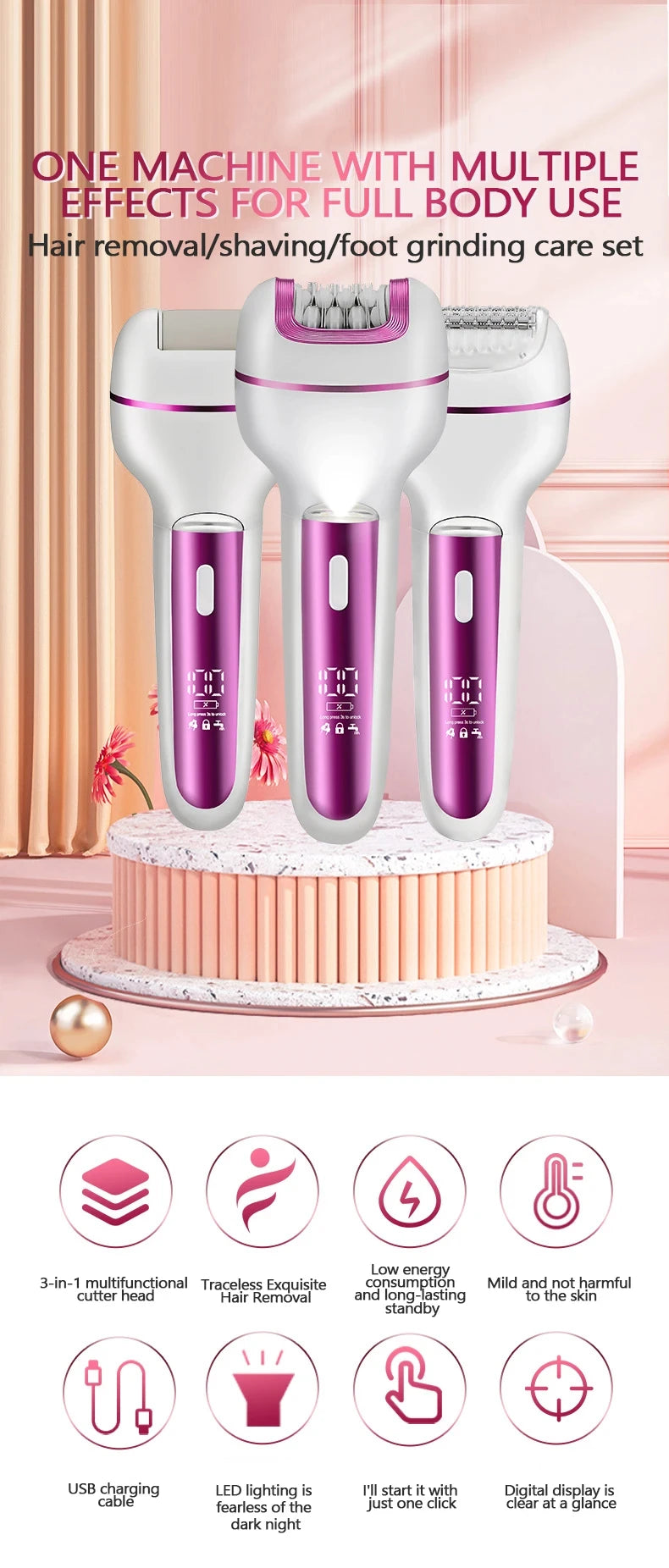 3-in-1 Rechargeable Electric Hair Remover and Shaver for Women