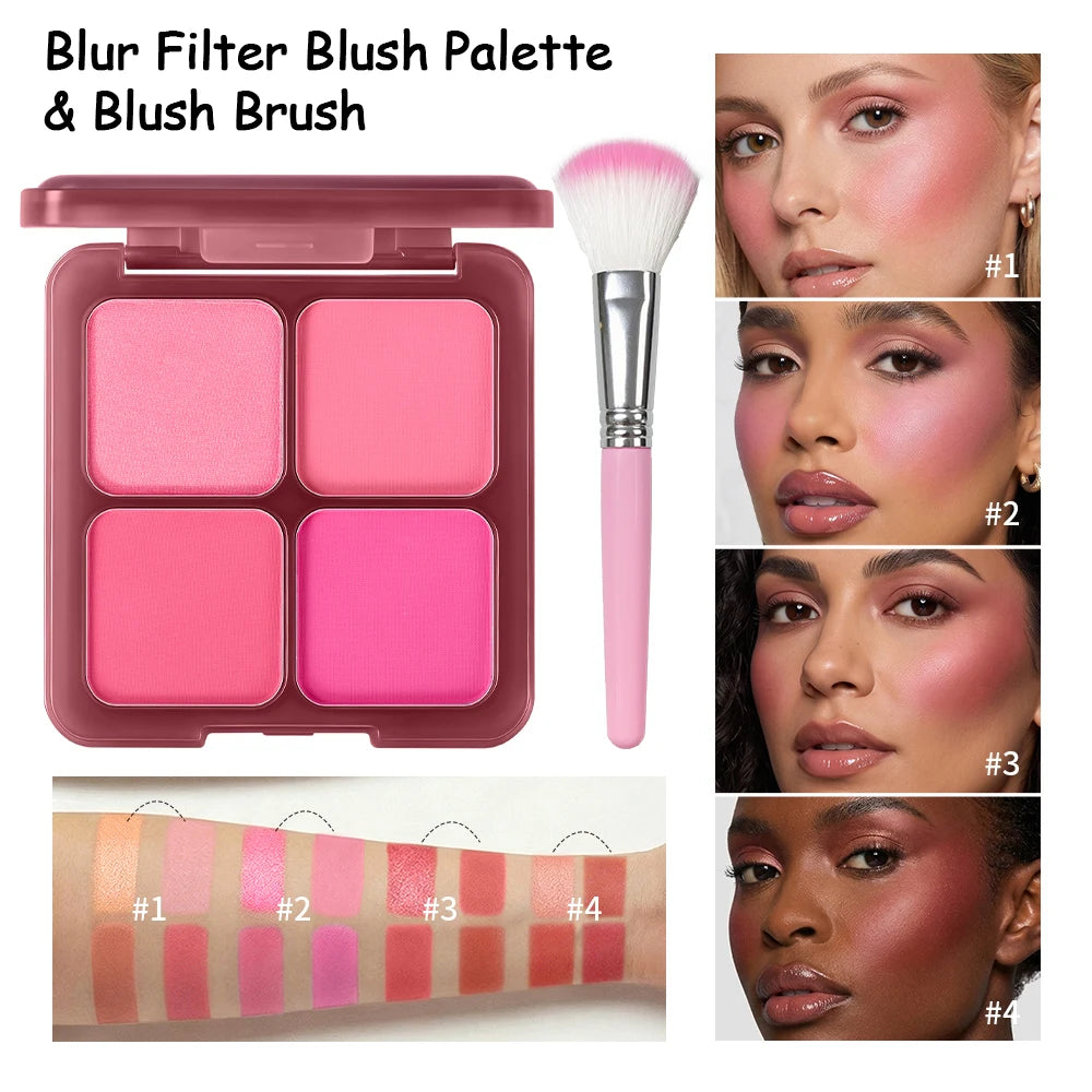 4-Color Matte Pigmented Blush Palette with Makeup Brush