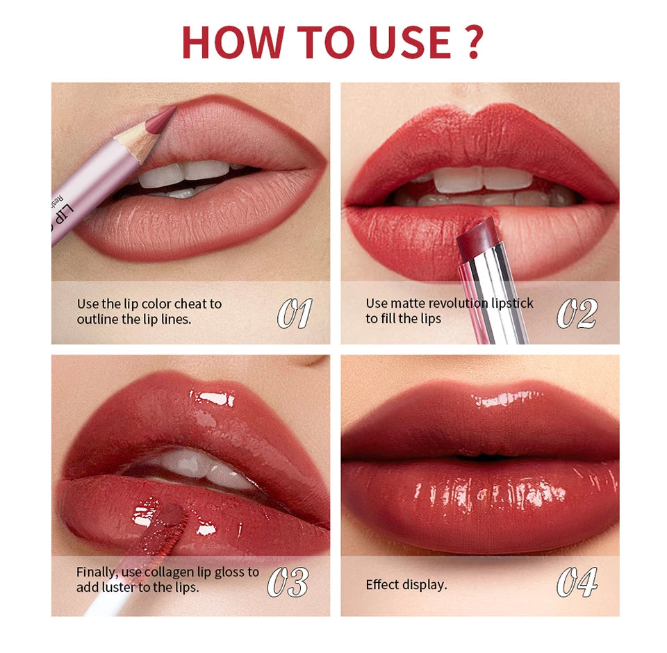3-in-1 Waterproof Lip Liner, Lipstick, and Gloss Makeup Kit