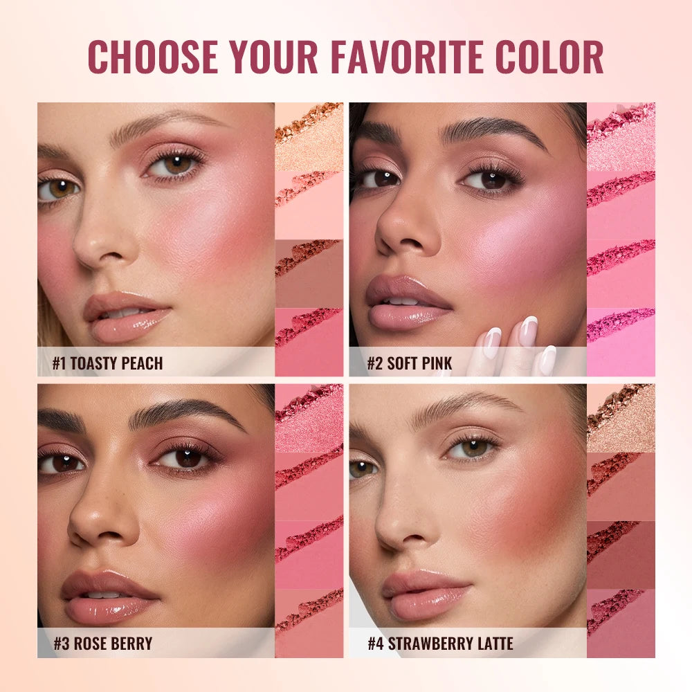 4-Color Matte Pigmented Blush Palette with Makeup Brush - 4