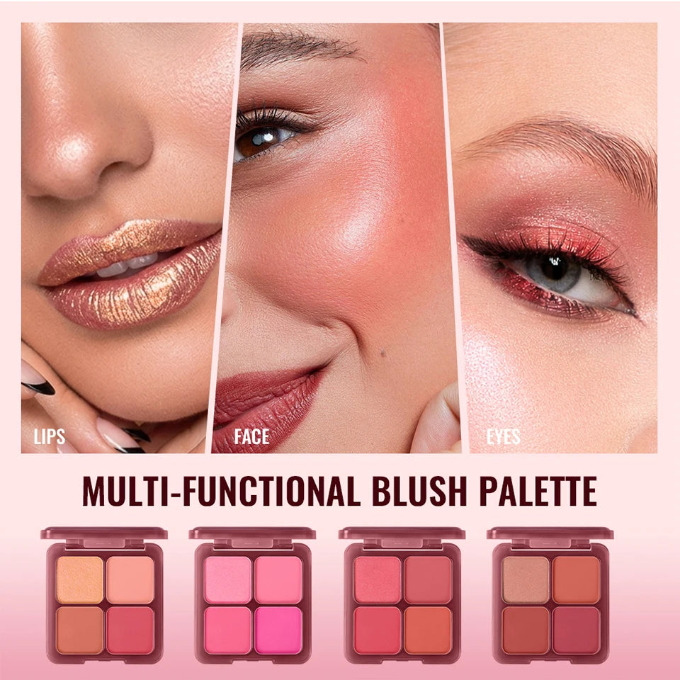 4-Color Matte Pigmented Blush Palette with Makeup Brush