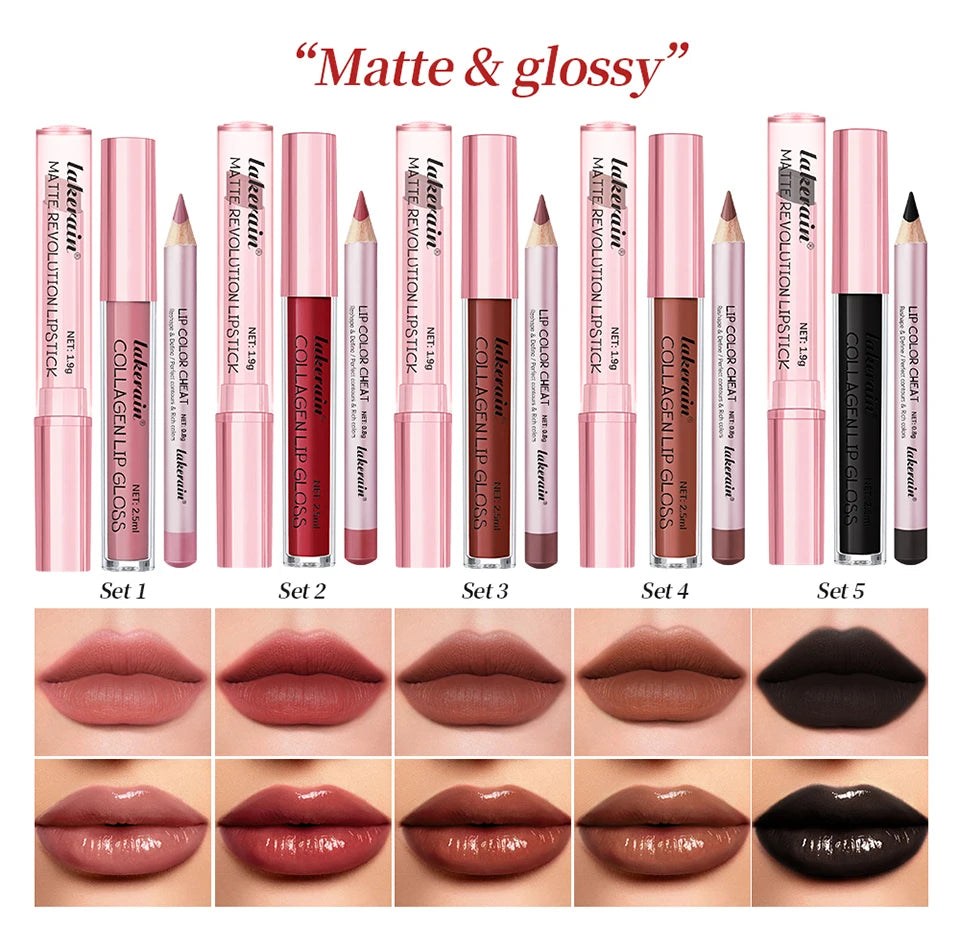 3-Piece Waterproof Matte Lip Makeup Set