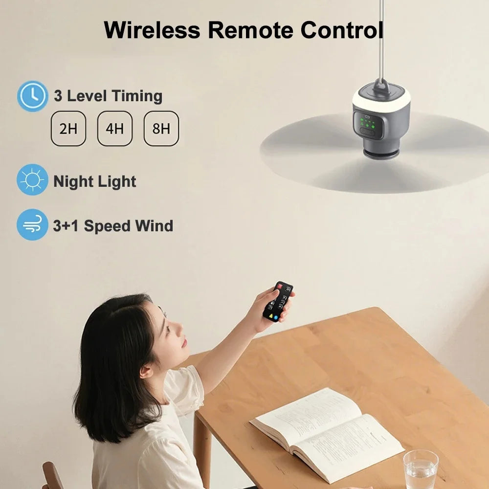 Portable Rechargeable Ceiling Fan with LED Light for Camping
