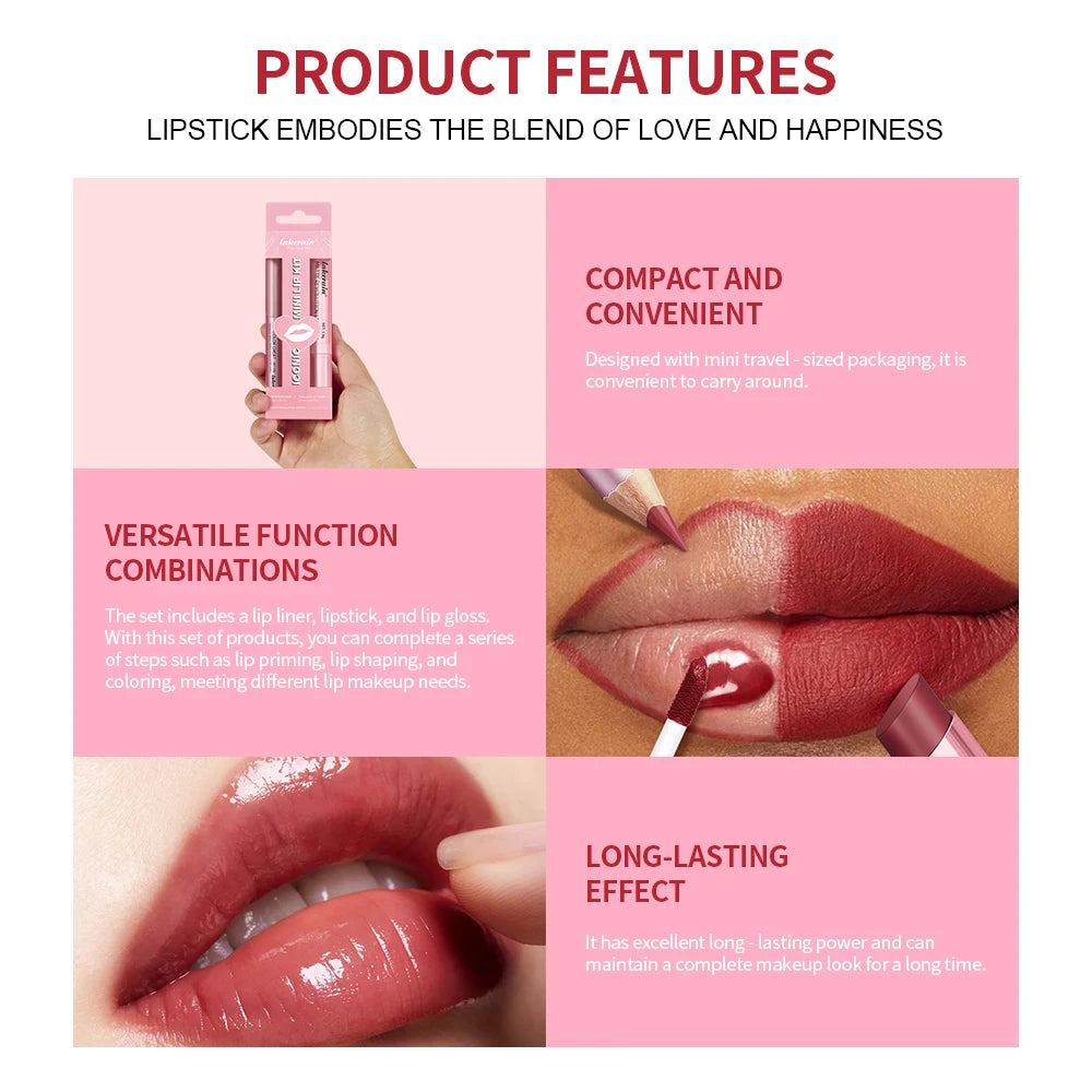 3-in-1 Waterproof Lip Liner, Lipstick, and Gloss Makeup Kit
