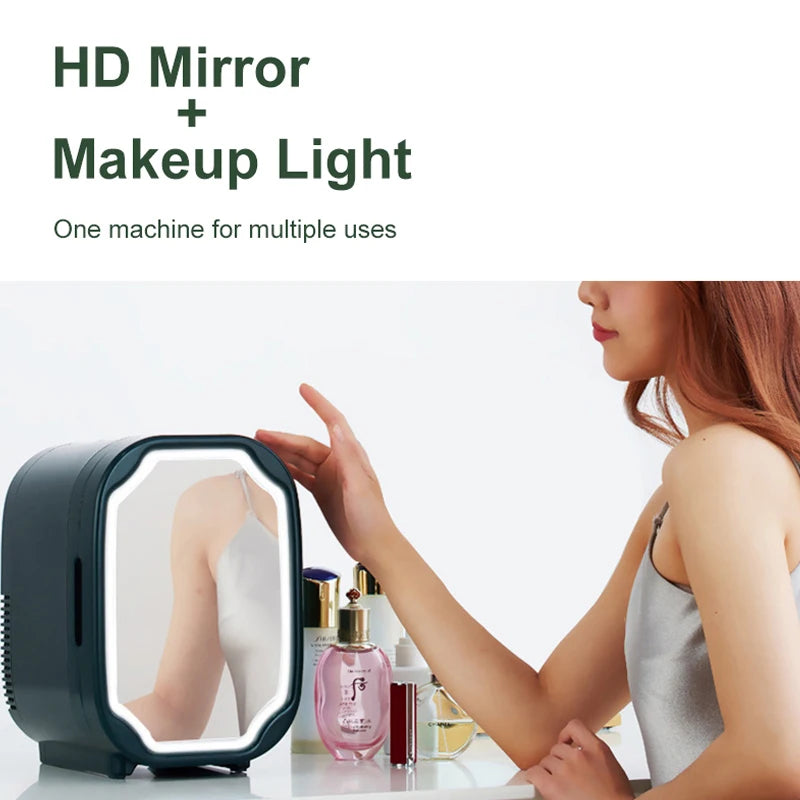 Portable Mini Skincare Fridge with LED Mirror for Home and Travel