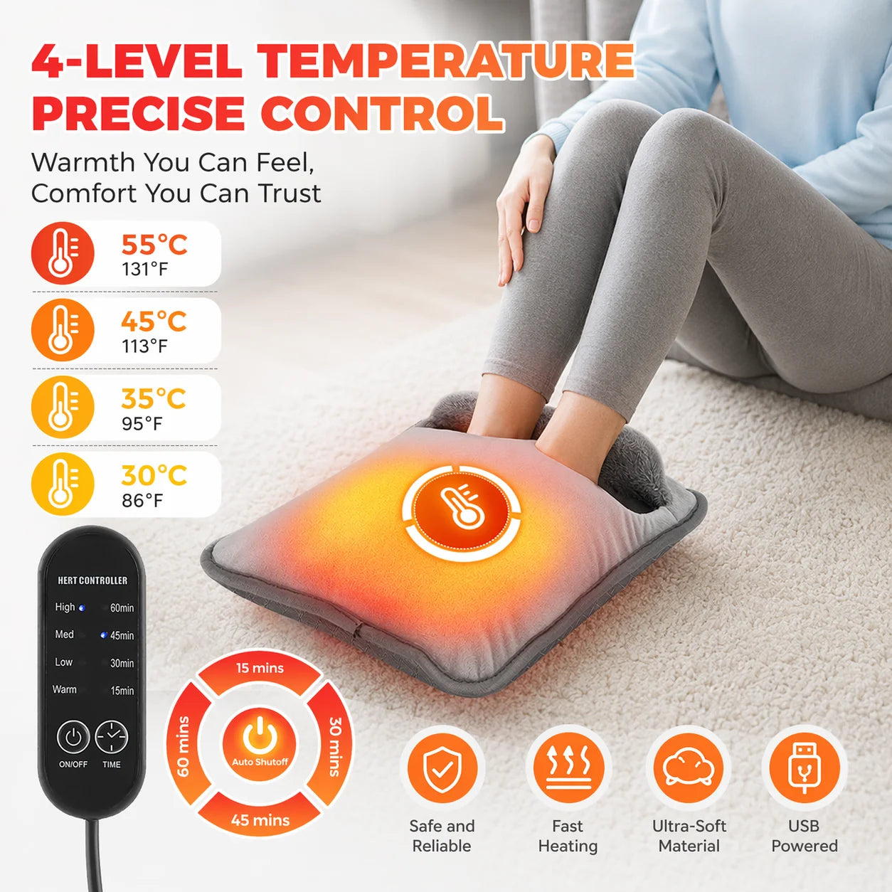 USB Heated Foot Warmer with Adjustable Temperature and Timer - 1