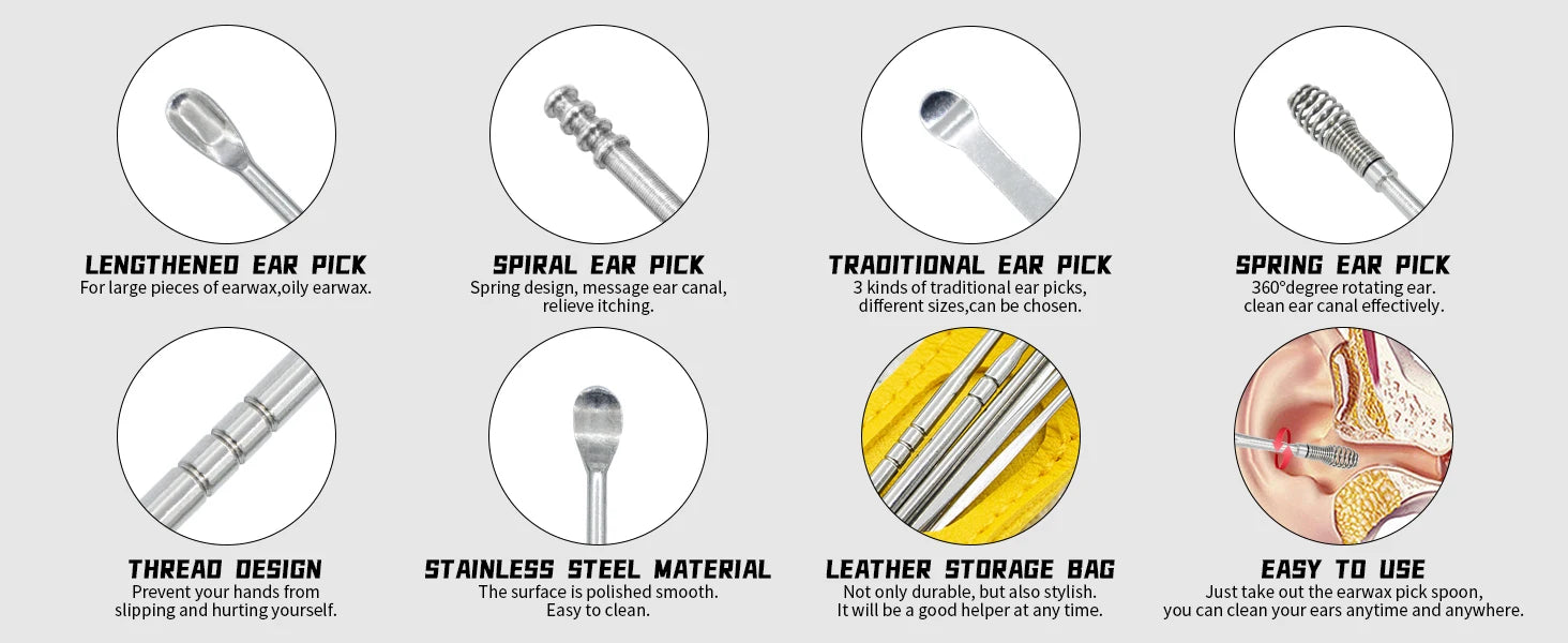 Stainless Steel Ear Wax Removal Tool Kit with Travel Case - 7