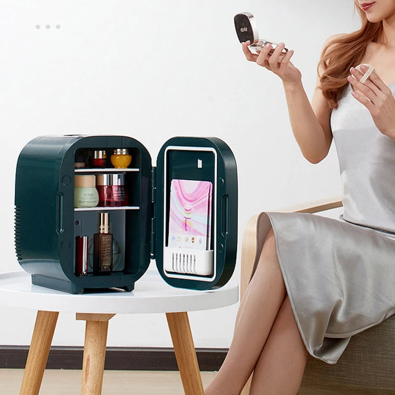 Portable Mini Skincare Fridge with LED Mirror for Home and Travel