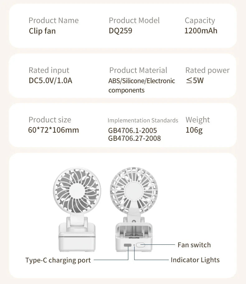 Portable USB Rechargeable Clip-On Cooling Fan