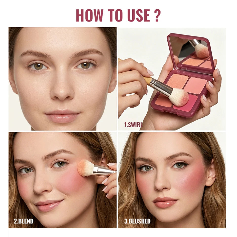 4-Color Matte Pigmented Blush Palette with Makeup Brush - 14