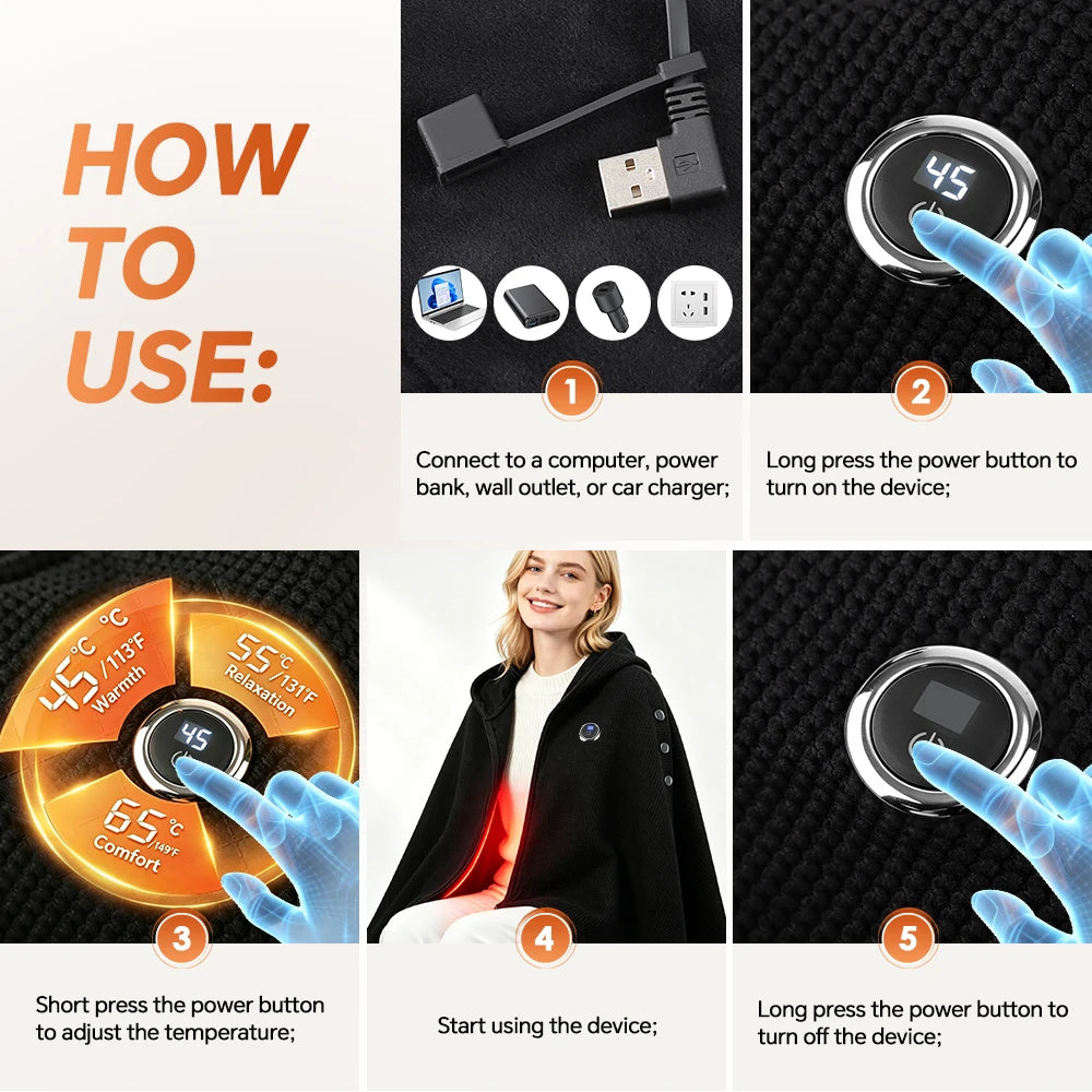 USB Heated Hooded Shawl Wearable Graphene Blanket