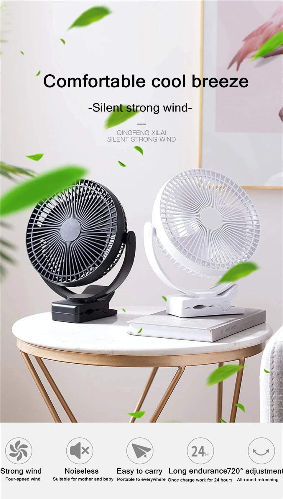 Portable Rechargeable Clip-On Desk Fan with 10000mAh Battery