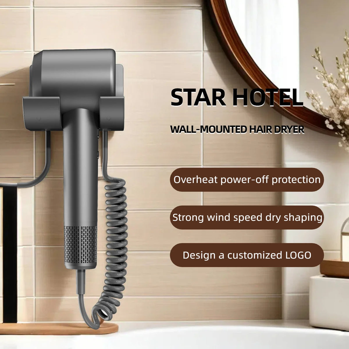 Wall-Mounted Ionic Hair Dryer for Home and Bathroom