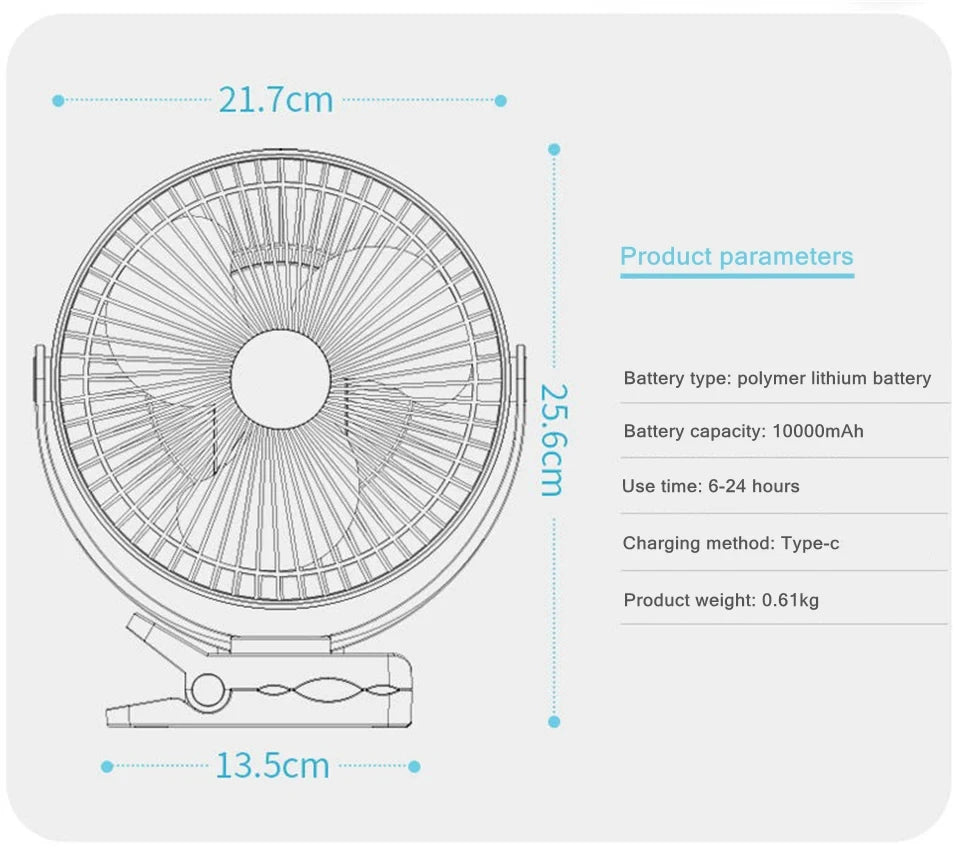 Portable Rechargeable Clip-On Desk Fan with 10000mAh Battery - 14