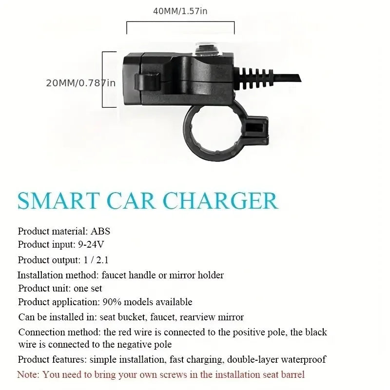 Dual USB Motorcycle Charger for Handlebars and Rearview Mirrors