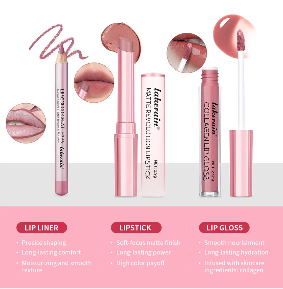 3-Piece Waterproof Matte Lip Makeup Set