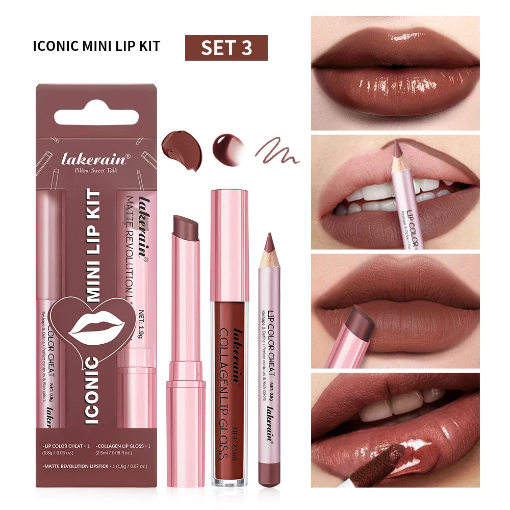 3-in-1 Waterproof Lip Liner, Lipstick, and Gloss Makeup Kit - 23