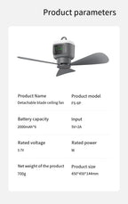 Portable Rechargeable Ceiling Fan with LED Light for Camping