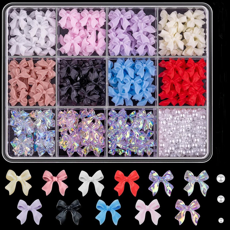 3D Nail Art Decoration Set with Bows, Flowers, and Pearls