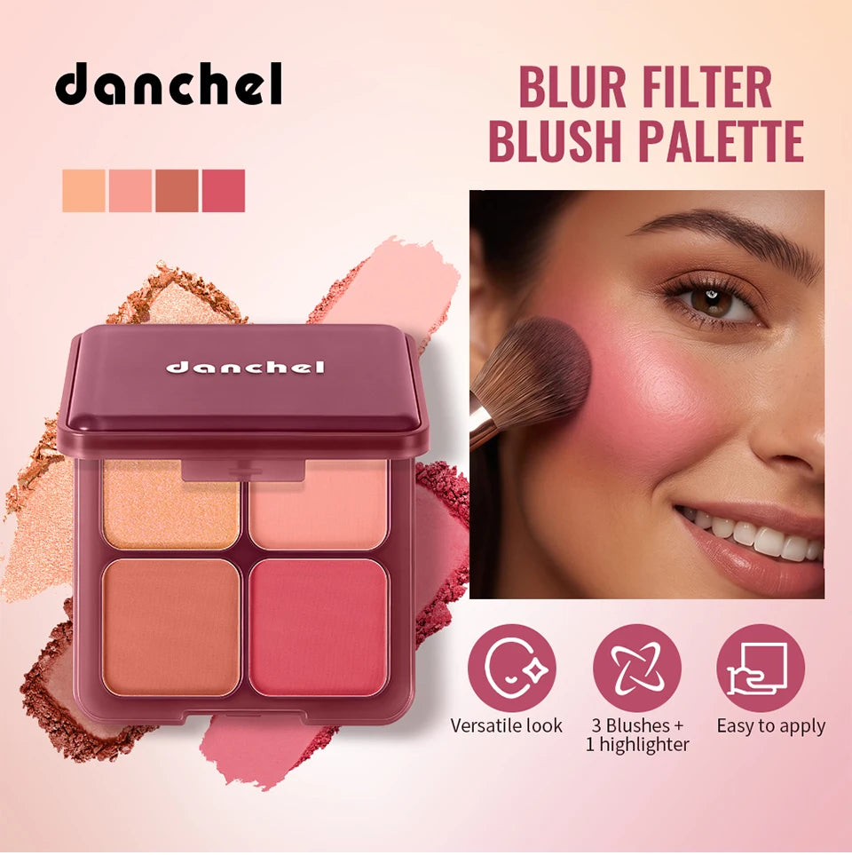 4-Color Matte Pigmented Blush Palette with Makeup Brush - 7